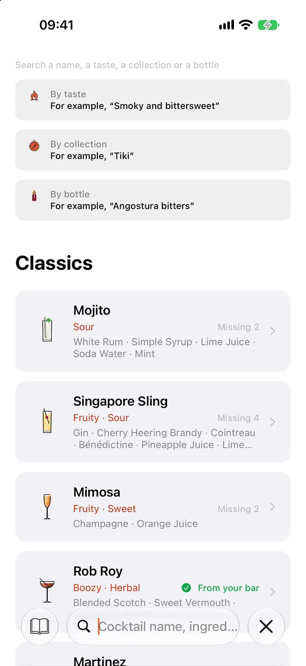 The Classics list in Stirred Art, each cocktail with its flavour tags