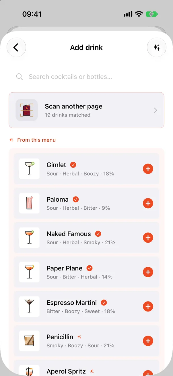 A scanned menu in Stirred Art: Gimlet, Paloma and Naked Famous ticked as matches for your taste
