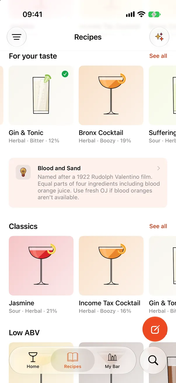 The Recipes tab in Stirred Art: For your taste, Classics and Low ABV rows