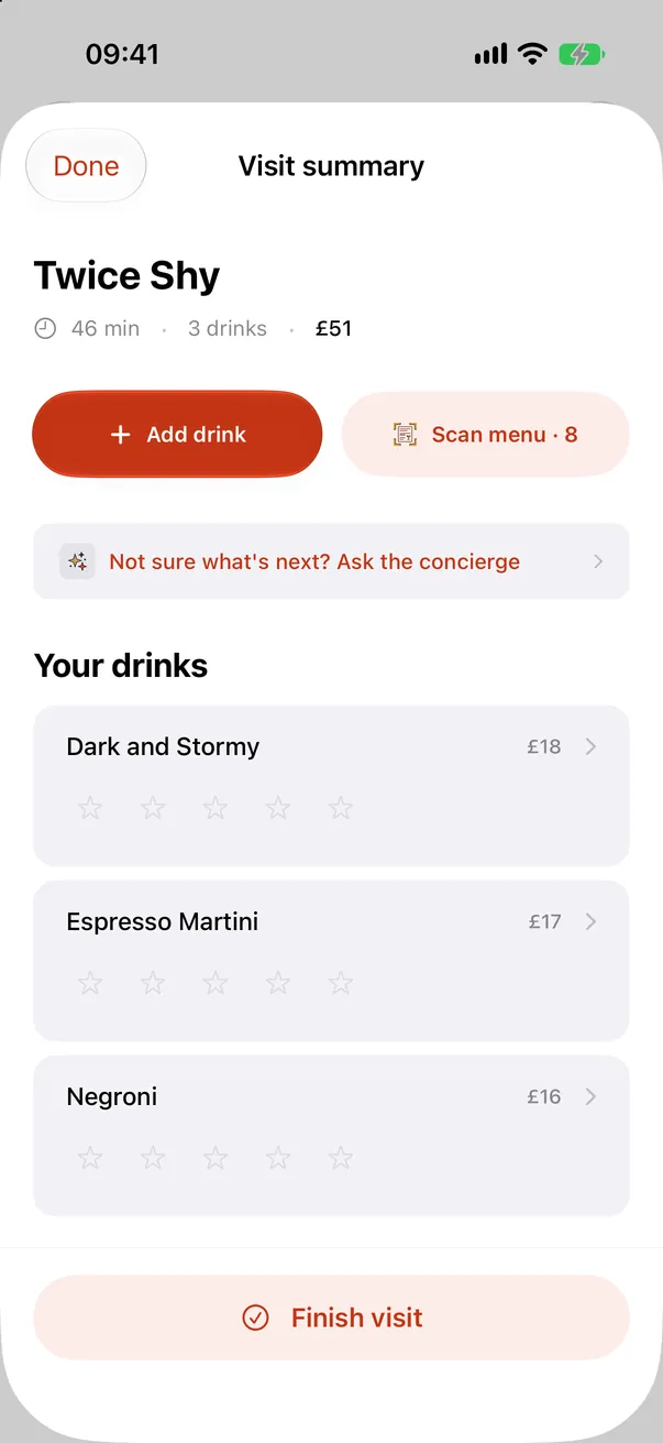 A visit summary in Stirred Art: Twice Shy, 46 minutes, three drinks, £51