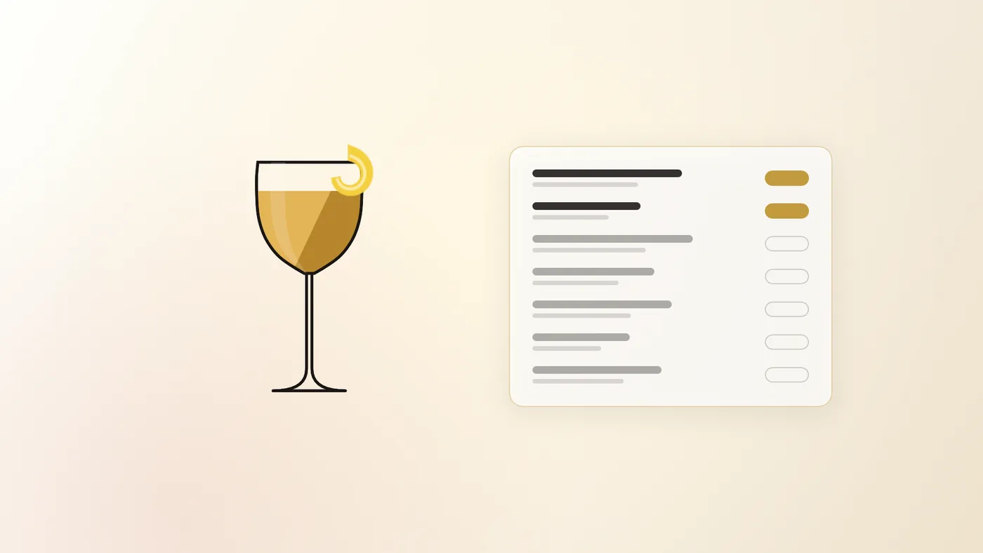 A drawn cocktail list with the two best matches marked in gold, next to a Nick and Nora glass