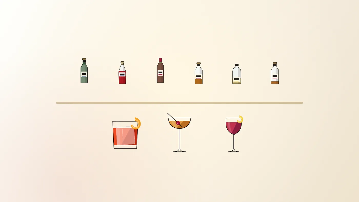 Six drawn bottles on a shelf above three finished cocktails