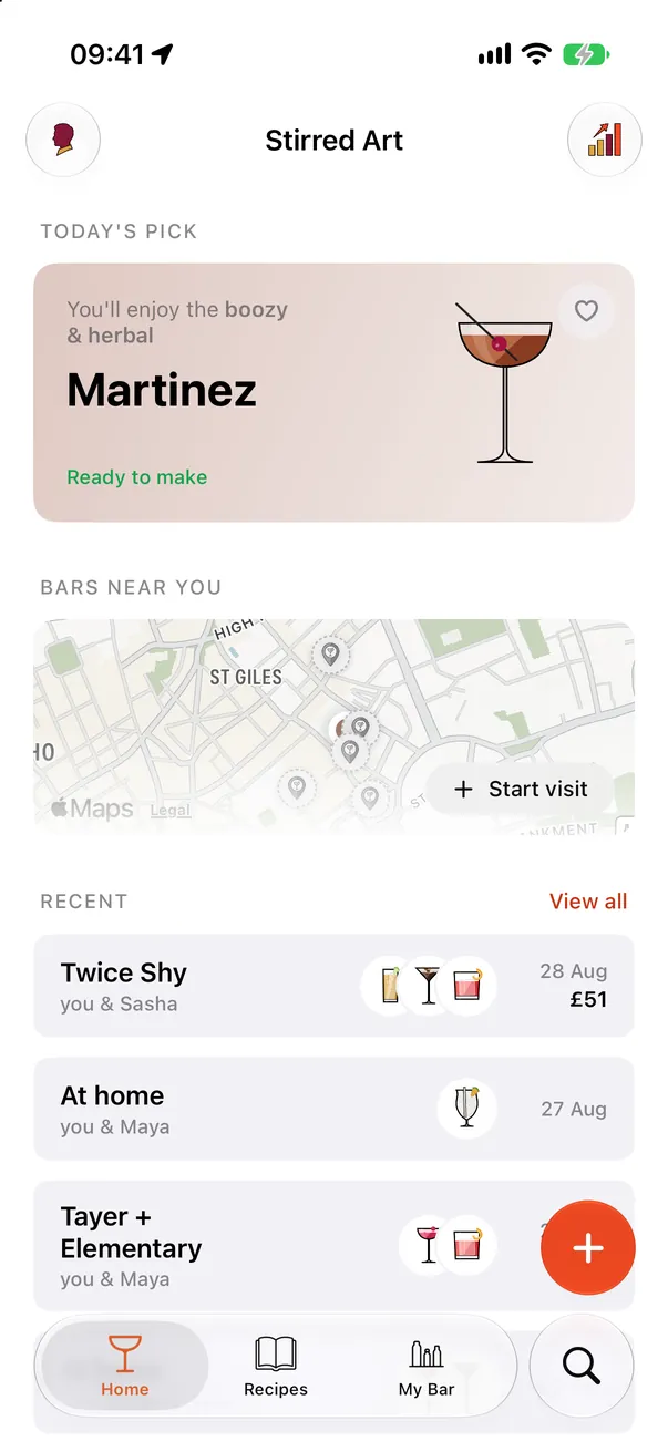 The Home screen: today's pick, bars near you and recent drinks