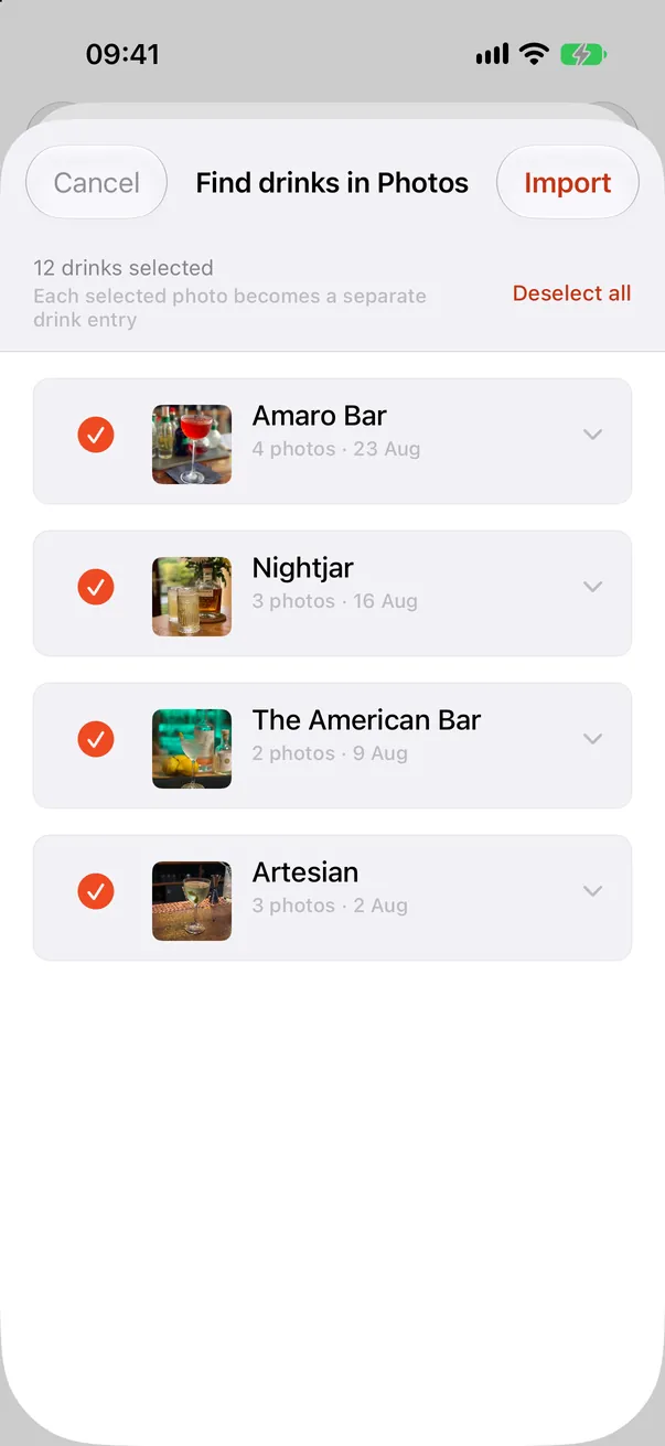 Drinks found in Photos, grouped by bar