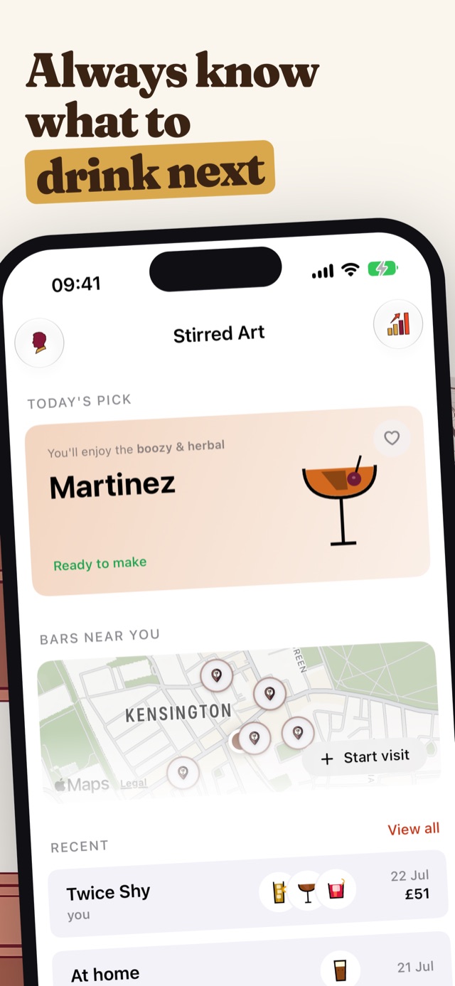 Home screen with today's pick and bars near you